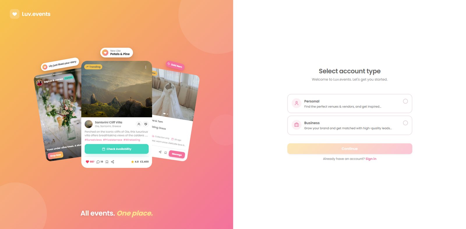 Luv.events marketplace dashboard